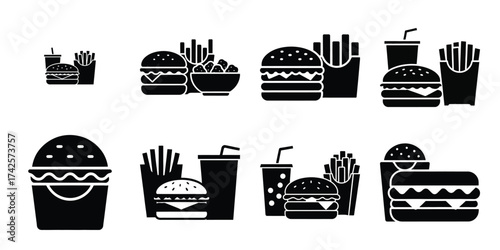 fast food combo simple silhouette vector illustration icon set