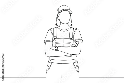 Vector art of minimalist line art of a woman in overalls with arms crossed
