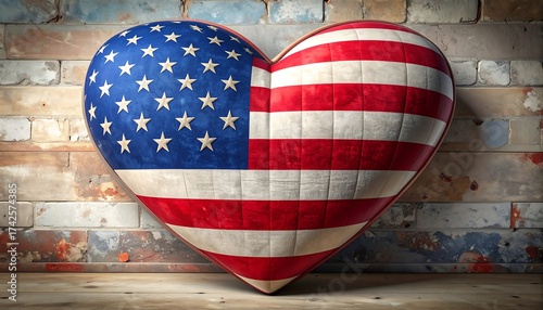 Heart-shaped US flag against a rustic brick wall
