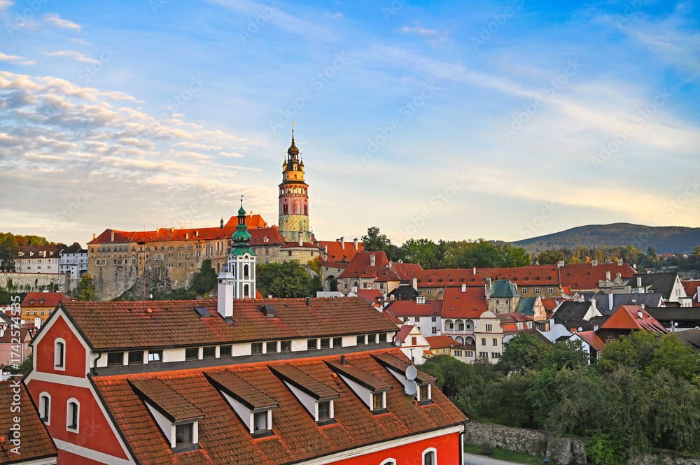 Fototapeta premium Castle tower in the morning, Cesky Krumlov cityscape, Czech republic