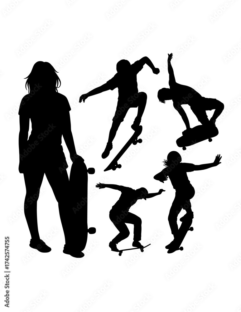 Obraz premium People playing skateboard sport training silhouette