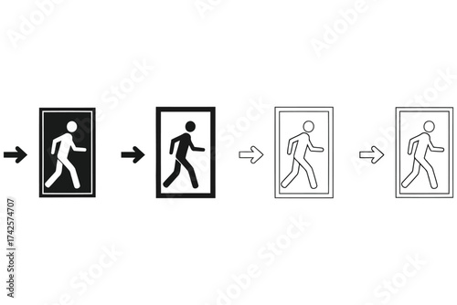 Vector art of evolution of emergency exit sign icon, showing the transition from solid to outline