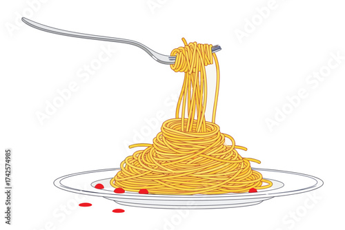 Vector art of spaghetti with tomato sauce on a fork, a delicious and classic italian dish