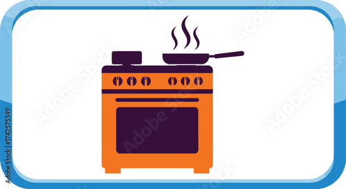 Orange stove with a frying pan steaming on top, ready for cooking.