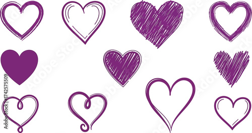 Assortment of hand-drawn purple hearts on a clean white background