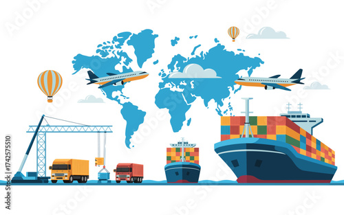 Global Logistics and Transportation Network with Cargo Ships Airplanes and Trucks Illustrating International Trade and Supply Chain Management