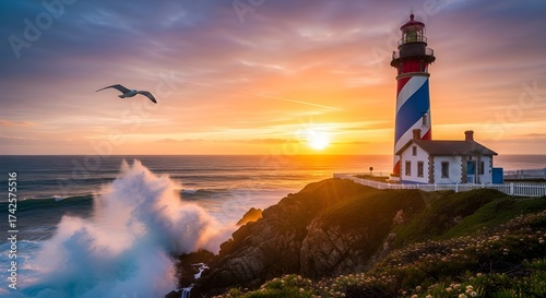 Colorful Lighthouse by the Sea at Sunset with Crashing Waves and Seagull