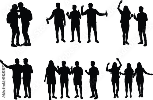 Silhouette illustration of young people enjoying party, friends dancing, drinking, and socializing together in festive celebration night vector design