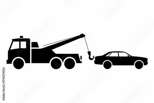 Tow Truck Silhouette Assisting a Car Breakdown Emergency Roadside Assistance Concept Towing Services Isolated on White Background Vector Illustration