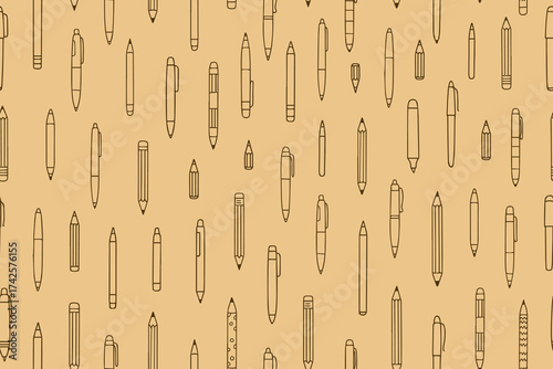 A seamless pattern of doodle pens and pencils. Hand-drawn writing instruments, including ballpoint pens, fountain pens, mechanical pencils, and markers. Vector illustration on a yellow background.