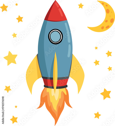 Cartoon Rocket Ship Flying to Moon