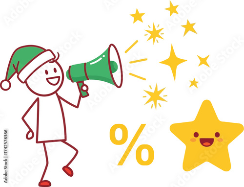 Joyful character in festive hat announces holiday sale with stars and a happy star.