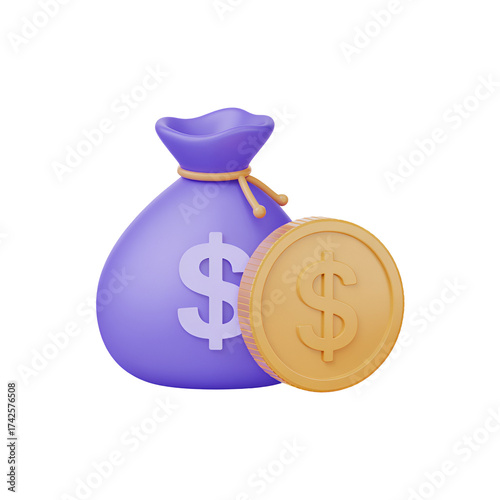 Purple money bag with dollar sign and gold coin isolated on transparent background