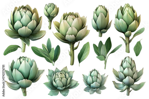 Collection of fresh green artichokes and leaves for culinary designs on transparent background