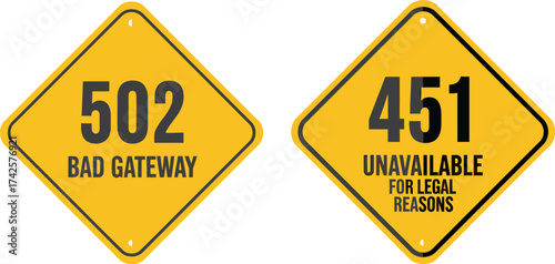 Warning signs display error codes 502 Bad Gateway and 451 Unavailable for Legal Reasons