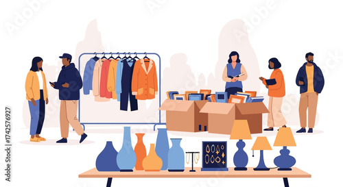 People browsing a vibrant outdoor market stalls filled with clothing and home decor items