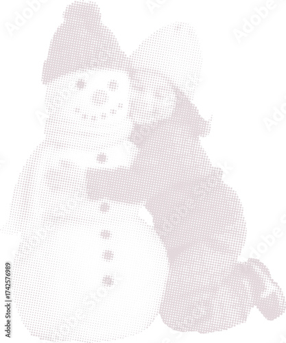 A charming retro halftone illustration of a little girl hugging a snowman, capturing a sweet moment of winter friendship, childhood joy, and holiday magic.