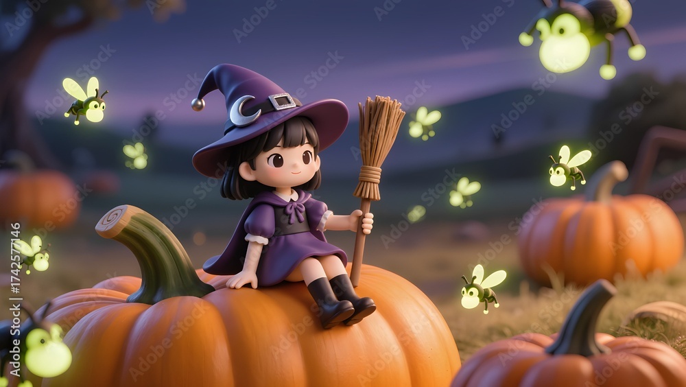 Fototapeta premium Cute little witch girl sitting on pumpkin surrounded by glowing fireflies — adorable Halloween 3D illustration
