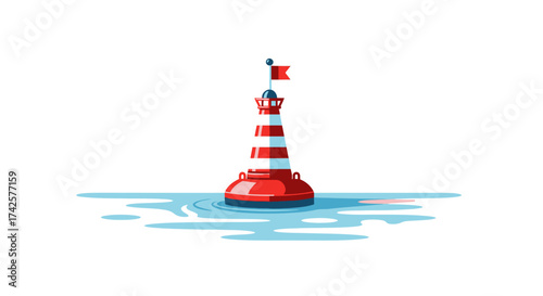 Red and white striped lighthouse buoy floating in blue water with a flag.