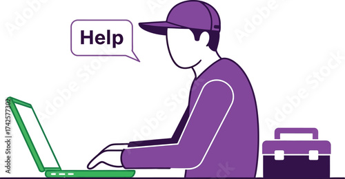 Technician wearing a cap seeks assistance while working on a laptop with a toolbox nearby.