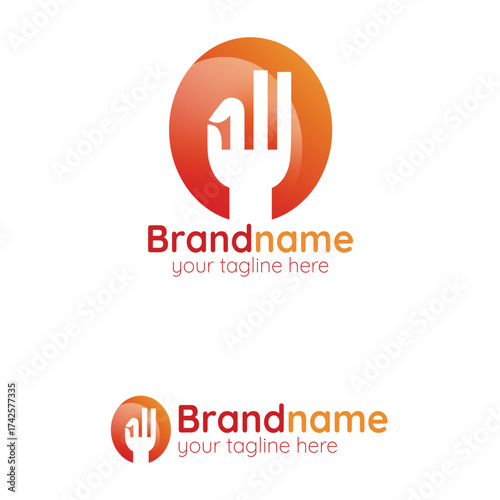 Creative Fork and Raised Hand Logo Design Template within a Circle Representing Food Service, Unity, Support, and Community Dining Restaurant