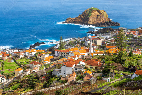 View of the small resort village of Porto Moniz on the Atlantic coast of Madeira Island, Portugal
