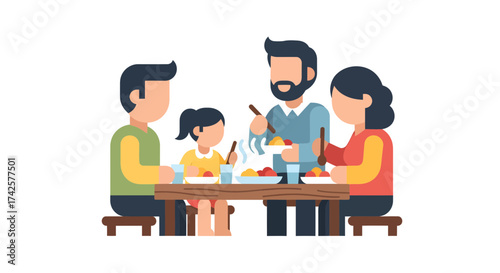 A cheerful family sharing a simple, warm meal at a wooden table