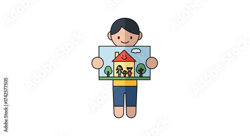 A child proudly showing a drawing of a family in a safe home