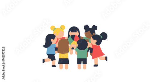 A diverse group of children playing joyfully with a shared ball
