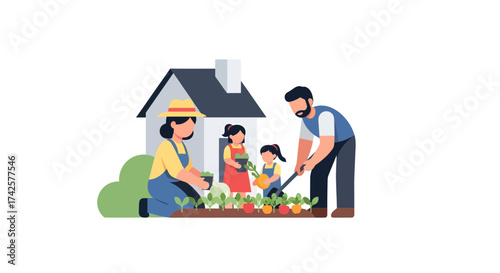 A family happily tending a small vegetable garden near their home