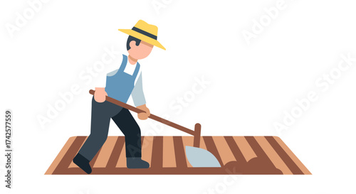 A farmer plowing a field with a simple tool, looking determined