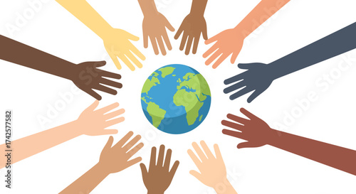 A globe surrounded by multiple hands of different skin tones