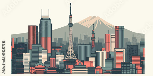Tokyo skyline featuring iconic Tokyo Skytree and Mount Fuji in the background, a vibrant cityscape illustration