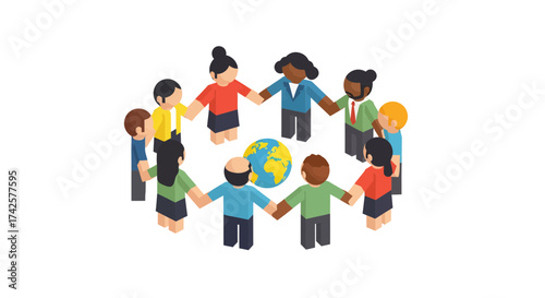 A group of diverse people holding hands in a circle around a small globe