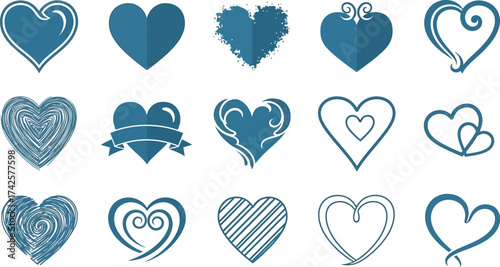 Collection of diverse blue heart shapes symbolizing love and affection