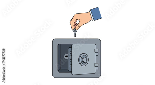 A hand dropping a small key into a large, secure safe