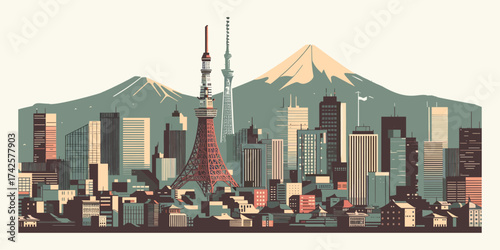 Stylized illustration of Tokyo, a vibrant metropolitan skyline, featuring impressive architectural landmarks