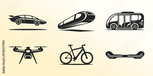 A modern and futuristic transportation silhouette collection featuring advanced mobility solutions.
