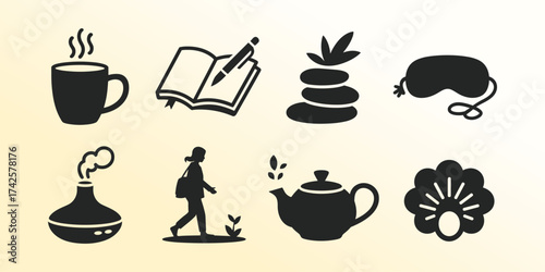 A modern collection of silhouette icons representing self-care, relaxation, and daily well-being activities like reading, drinking tea, and mindful walks.