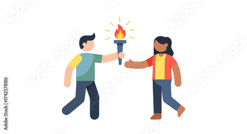 A person passing a lit torch to another person in a relay