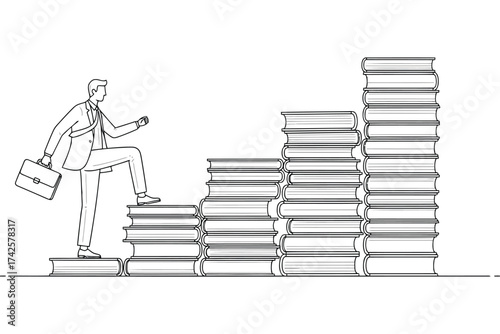 Vector art of a businessman climbs a staircase made of books, symbolizing education and career growth