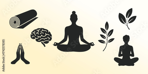 A Collection of Silhouettes Depicting Mindfulness, Meditation, and Holistic Well-being Elements Like Yoga, a Brain, and Natural Leaves.