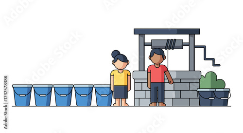 A row of clean water buckets lined up beside a communal well