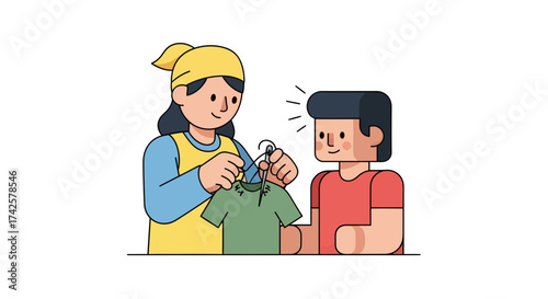 A volunteer mending clothes for a grateful person in need