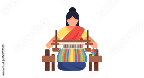 A woman weaving fabric on a traditional loom, focusing on her craft