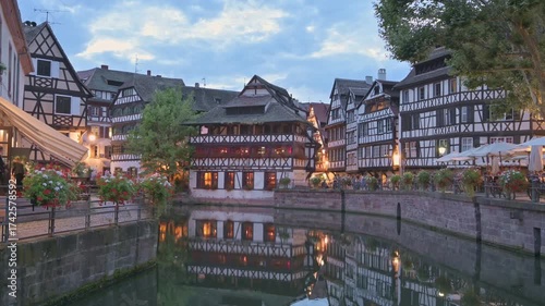 Evening view of half-timbered houses on the canals district La Petite France in Strasbourg
