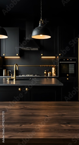 Modern luxury kitchen in black and golden tones featuring a sleek wooden tabletop, offering elegant space for product display or montage, reflecting sophistication, style, and premium interior design