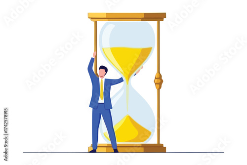 Vector art of businessman trying to stop time in an hourglass, symbolizing time management and productivity