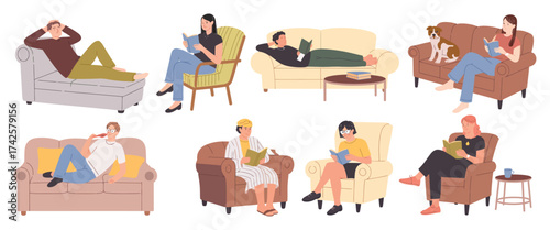 Reading at Home Set. People Relaxing with Books on Sofa, Armchair, and Bed. Enjoying Fiction, Novels, and Calm Leisure in Cozy Interiors. Flat Vector Illustrations.