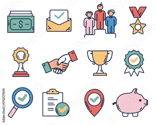 Business icon economy financial money trade strategy isolated set. Vector flat graphic design element concept illustration